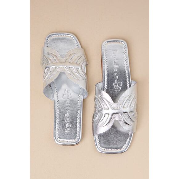 Seychelles Madhu Silver Metallic Leather Flat Slide Sandals - Picture 3 of 5